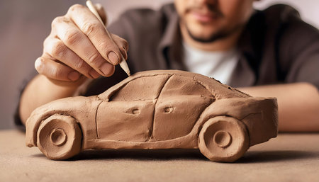 A close-up photo of a mans hand carefully sculpting a clay model of a car. The man is out of focus in the background, but his hand and the detail of the clay car are in sharp focus. The car model is sitting on a brown table, suggesting a studio setting. The man is using a tool to refine the details of the cars body.の素材