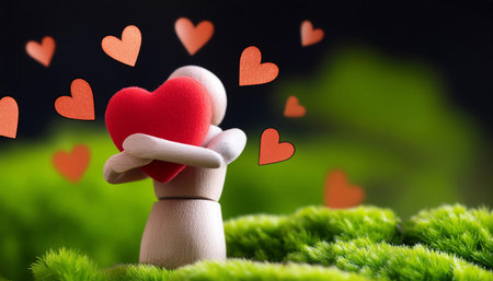 Illustration depicting the concept of affection and love, featuring symbols like hearts, a hug, and a warm embrace symbolizing care, warmth, and emotional connection. Ideal for topics related to relationships, family bonds, and emotional well being.の素材