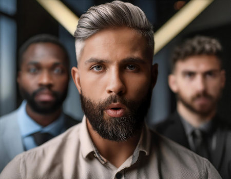A close up shot of a diverse workforce gathered in a meeting, showcasing teamwork, collaboration, and inclusivity in the modern workplace.の素材