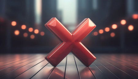 A glossy red X sign placed on a sleek black surface, creating a sharp contrast. The sign reflects light, drawing attention to its bold color and shape.の素材