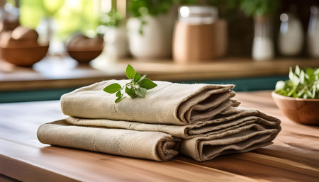 A close-up shot of eco-friendly cleaning wipes on a kitchen counter. The image emphasizes sustainable household cleaning solutions and reducing chemical waste.の素材