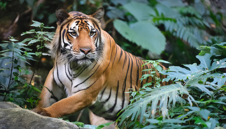 A majestic tiger in its natural jungle habitat, emphasizing wildlife, nature, and conservation.の素材