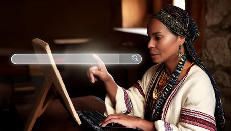 Illustration depicting the process of online searching, showing a person using a search engine to find information. Ideal for topics related to internet use, research, and technology.の素材