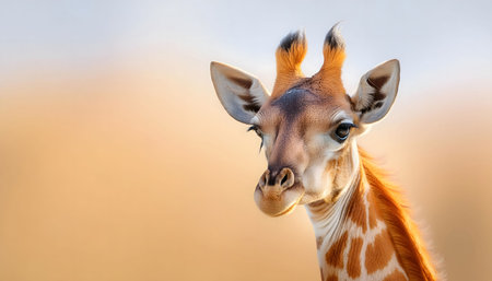 A close-up portrait of a young giraffe with its head tilted, looking directly at the camera with a curious expression. The giraffe is standing in a natural setting, with a soft, out-of-focus background of golden light. This image captures the innocence and beauty of this majestic animal.の素材