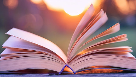 Close up of book pages unfolding a captivating story, emphasizing narrative, imagination, and creativity.の素材