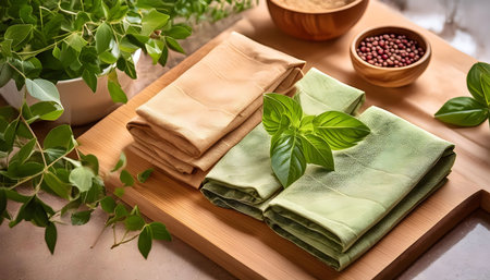 A close-up shot of eco-friendly cleaning wipes on a kitchen counter. The image emphasizes sustainable household cleaning solutions and reducing chemical waste.の素材