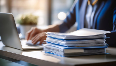 Illustration representing record keeping and data management, featuring symbols like a file folder, documents, and a computer symbolizing organization, information storage, and efficiency. Ideal for topics related to data management, office administration, and information systems.の素材