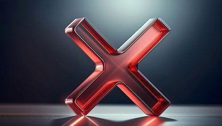 A glossy red X sign placed on a sleek black surface, creating a sharp contrast. The sign reflects light, drawing attention to its bold color and shape.の素材