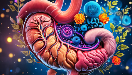 Close up illustration of a healthy stomach and digestive system, focusing on anatomy, wellness, and nutrition.の素材
