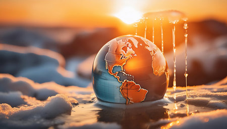 Illustration depicting the concept of global warming and climate change, featuring symbols like a melting earth, rising temperatures, and greenhouse gases. Ideal for topics related to environmental issues and sustainability.の素材