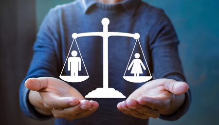 Illustration depicting equality and social justice, featuring symbols like balanced scales, people holding hands, and equality sign, ideal for topics related to human rights, fairness, and inclusion.の素材