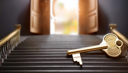 Illustration representing seizing an opportunity and success, featuring symbols like open doors, stairways, and golden keys symbolizing chances, potential, and achievement. Ideal for topics related to personal growth, career advancement, and new beginnings.の素材