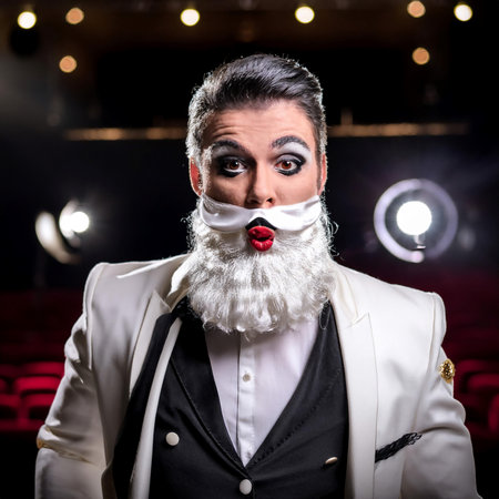 Illustration showing the concept of acting and performance, featuring symbols like a theater stage, actors in costume, and dramatic expressions, symbolizing theater, performance arts, and dramatic arts. Ideal for topics related to theater, acting, and performance.の素材