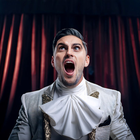 Illustration showing the concept of acting and performance, featuring symbols like a theater stage, actors in costume, and dramatic expressions, symbolizing theater, performance arts, and dramatic arts. Ideal for topics related to theater, acting, and performance.の素材