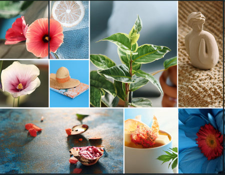 Close up image of a creative collage featuring various images, representing artistic expression, creativity, and visual storytelling.の素材