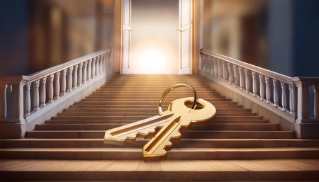 Illustration representing seizing an opportunity and success, featuring symbols like open doors, stairways, and golden keys symbolizing chances, potential, and achievement. Ideal for topics related to personal growth, career advancement, and new beginnings.の素材