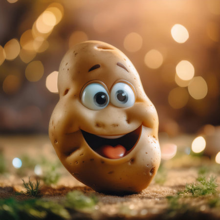 A single potato with a painted-on face, featuring big eyes and a wide smile, is positioned in the foreground of the image. The potato appears to be looking to the right of the frame. The background is a blurred out bokeh effect of warm, golden lights.の素材