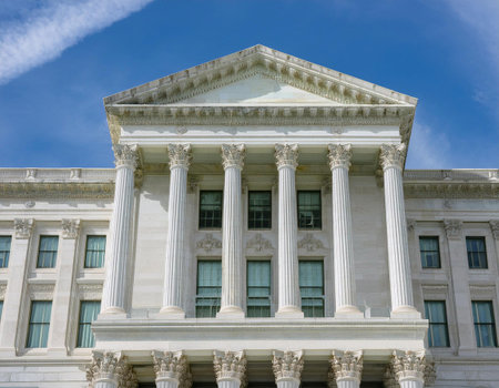 Close up image of the exterior of a government building, symbolizing political institutions, governance, and public administration.の素材