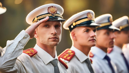 Military honor ceremony with veterans saluting, capturing respect and recognition for their service and dedication.の素材