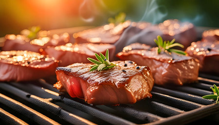 A detailed view of a grill with meat sizzling over the flames, cooking to perfection. The meat is charred with grill marks, emitting a tantalizing aroma.の素材