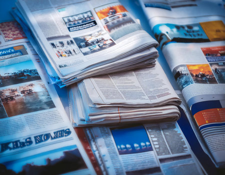 Close up depiction of news and information dissemination featuring elements like newspapers, headlines, and broadcast screens representing journalism, media, and updates. Ideal for topics related to news reporting, media coverage, and information sharing.の素材