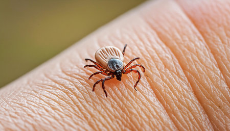 Detailed close up of a tick on human skin, highlighting the insect, bite, and health concerns.の素材