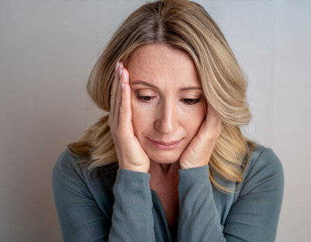 Close up image of a stressed person holding their head, illustrating anxiety, pressure, and emotional strain.の素材