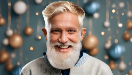 A happy senior man with a white beard smiles brightly at the camera. He is wearing a light blue sweater and is standing in front of a background of Christmas ornaments. The ornaments are a mix of gold, white, and blue, and they are hanging from a blue wall.の素材