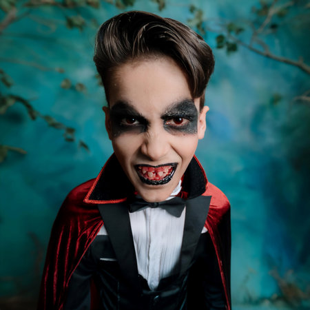 A young man in a black suit and red bowtie stands in a forest, grinning with a wide, toothy smile and wearing dramatic Halloween makeup that includes white foundation, black eyeliner, and red lipstick.の素材