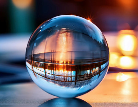 Close up image of a glass sphere, showing reflection, transparency, and geometric perfection.の素材