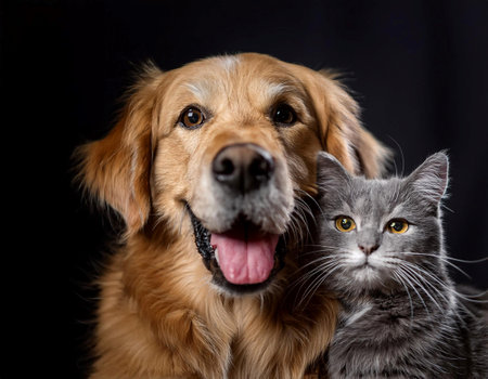 A golden retriever stands proudly next to a gray cat, both displaying friendly expressions. The golden retriever has a shiny coat and a friendly demeanor, while the gray cat looks calm and poised. They are positioned in front of a neutral backdrop, showcasing their companionship.の素材