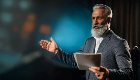 Close up image of a film director giving instructions on set, symbolizing leadership, creativity, and film production.の素材