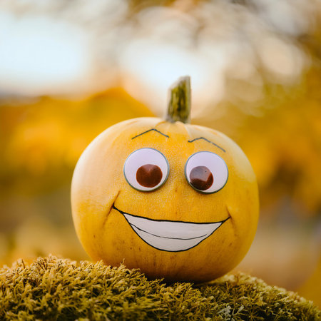 A single pumpkin with a painted smiley face and large googly eyes rests on a bed of green moss in front of a blurred background of autumn foliage. The pumpkin is bright orange and the background is a muted yellow.の素材