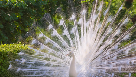 A male peacock with its tail feathers spread out in full display, showing the vibrant blue, green, and gold colors. The bird is standing on a cobblestone path in a garden setting, with lush green foliage visible in the background. The peacock appears to be displaying its feathers for a potential mate.の素材
