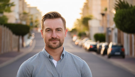 A person is standing in the center of a street, surrounded by buildings and vehicles. They appear to be waiting or contemplating their next move.の素材