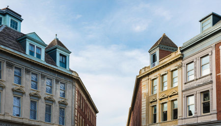 Two aging buildings standing side by side, displaying architectural remnants of the past.の素材