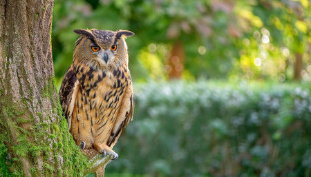 A wise owl perches on a palm tree in a lush tropical garden, looking alert and ready to observe its surroundings. The owls feathers are a beautiful blend of brown and gray, and its large, amber eyes are fixed on something in the distance. The garden is full of vibrant green foliage, creating a tranquil and serene atmosphere.の素材