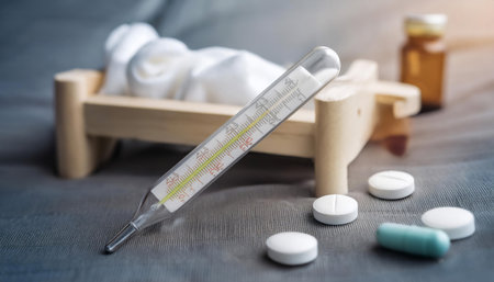 Illustration representing illness and sickness, featuring symbols like a thermometer, pills, and a bed symbolizing health issues, recovery, and care.の素材