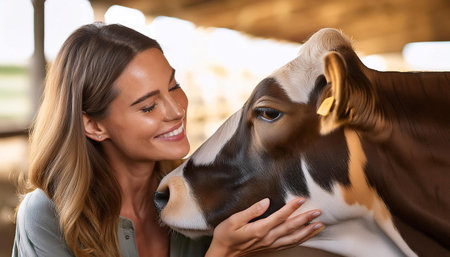 In a spacious barn filled with natural light, a woman is seen affectionately interacting with a black and white cow. Her joyful expression reflects a connection with the animal as she gently cradles its face, highlighting the bond between humans and livestock in everyday farm life.の素材