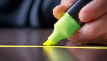 A close-up image showcasing a hand holding and using a neon yellow highlighter to draw a line on a dark, textured surface. The tip of the highlighter is visible, along with the bright yellow line it leaves behind. The image captures the simple act of highlighting, emphasizing the contrast between the bright yellow and the dark surface.の素材
