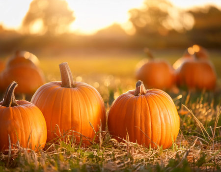 A collection of bright orange pumpkins rests on soft earth, basking in the warm sunlight of a beautiful autumn afternoon. The surrounding landscape is dotted with trees, their leaves reflecting the rich colors of the season.の素材