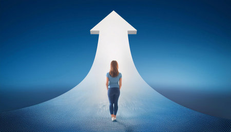 A person is positioned at the beginning of a smooth, curving pathway that leads up to a large, upward-pointing arrow. The pathway and arrow are rendered in a minimalistic blue tone, creating a serene yet motivational atmosphere. The individual appears contemplative, gazing thoughtfully at the arrow that symbolizes direction and progress, suggesting a journey towards success.の素材