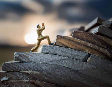 Illustration depicting the concept of struggle and overcoming obstacles, featuring symbols like a person climbing a steep mountain, a broken chain, and a determined face symbolizing challenges, perseverance, and triumph. Ideal for topics related to personal growth, adversity, and resilience.の素材