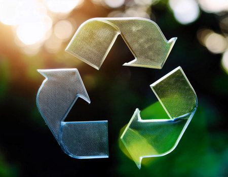 Close up of a recycling symbol, highlighting environmental conservation, sustainability, and waste management.の素材