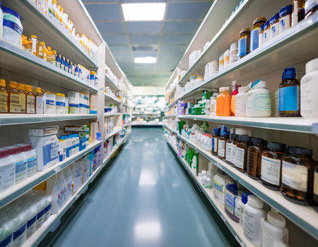 Close up image of pharmacy shelves stocked with medicine bottles, illustrating healthcare, pharmaceuticals, and medical supplies.の素材