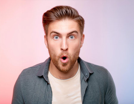 Close up image of a person with a surprised expression, illustrating astonishment, unexpected events, and emotional reactions.の素材