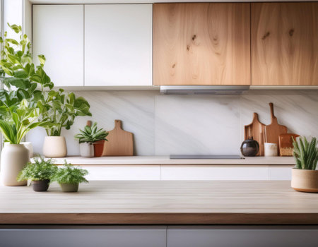 A sunlit kitchen countertop showcases a simple arrangement of natural materials, including wooden serving boards, ceramic containers, and small potted plants. The light enhances the inviting atmosphere of the space while emphasizing a clean and modern design.の素材