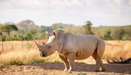 A white rhinoceros stands on a sandy surface, shaded by a leafy tree in a zoo enclosure. The rhinoceros is facing left with its horn visible, and the enclosure features wooden poles and fencing.の素材