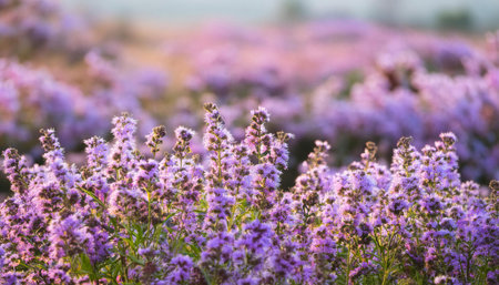 A detailed view of vibrant purple flowers growing in a field, showing the delicate petals and rich color against the green foliage.の素材
