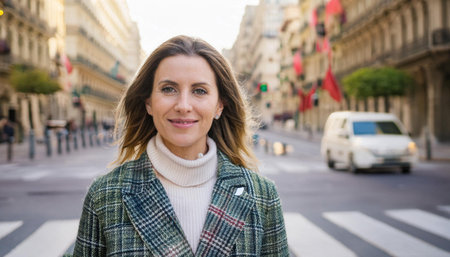 A person is standing in the center of a street, surrounded by buildings and vehicles. They appear to be waiting or contemplating their next move.の素材